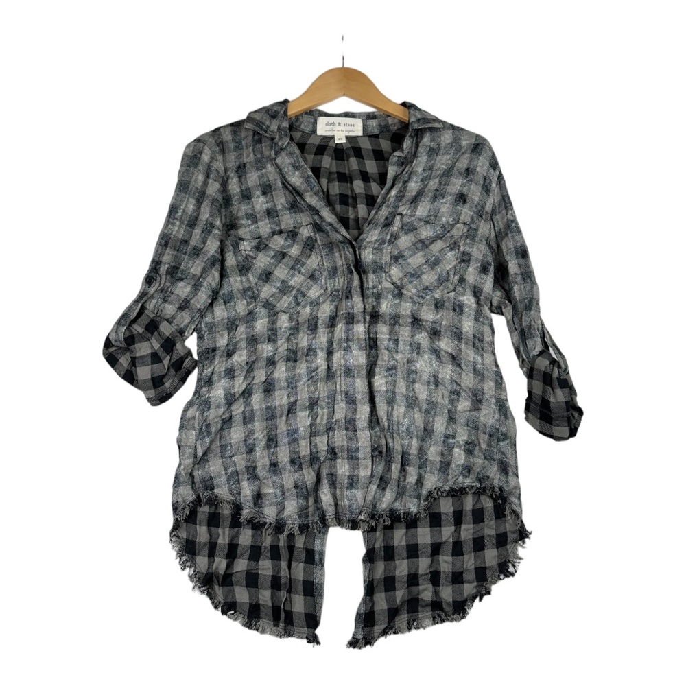 Cloth‎ & Stone Green & Black Gingham Plaid Distressed Acid Wash Button Front Top